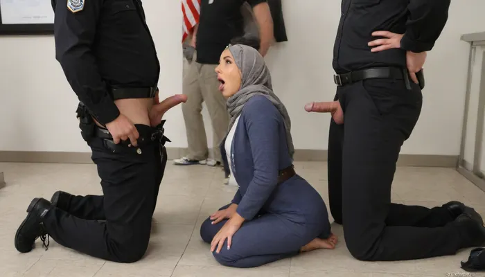group of immigration officers at the US border getting blowjobs from women wearing hijabs, police badges on men's belts, side view, Muslim women kneeling, Muslim women are distressed, pleading expressions on women's faces, women are wearing traditional Muslim dresses, detailed expressions, super realistic, American flag, US border, passport control in airport, men only visible from hips downward, (closeup of kneeling women:1.2), only male officers, (highly detailed faces:1.2)
