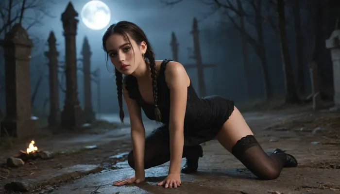 With long, dark brown braids, parted in the middle and falling over her shoulders. She has dark, expressive, large eyes, a slightly curved nose, and full, neutral-shaped lips. Her features are soft and feminine. She has a slender, athletic build and a straight posture. natural small tits, very small body, small ass, (small girl:1.3), (teen:1.5), Gothic dress, stockings, black shoes. Night. Full moon. Located in an abandoned old cemetery. w3dnesday, ohwx, woman, <lora:w3dnesday_100:.8>, <lora:ortega_sdxxxl_dh128_v1:.8>