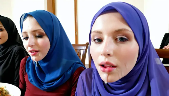 Ramadan table, hijab girls, pale skin, cum covered face, <lora:detailed_notrigger:.5>