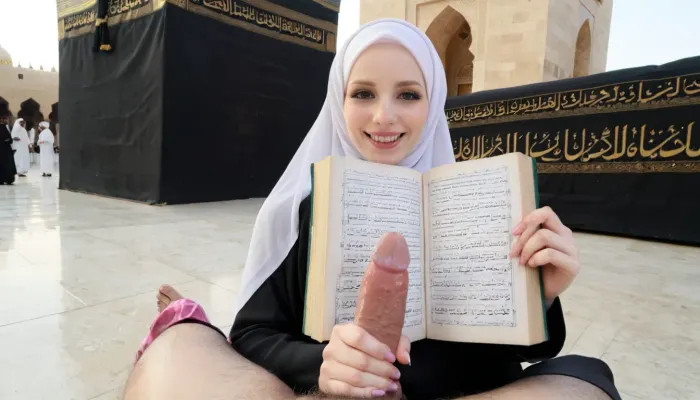 hijab girl, very hairy dick pov, smile, holding dick, reading quran, pale skin, skinny, in front of kaaba, cum covered quran