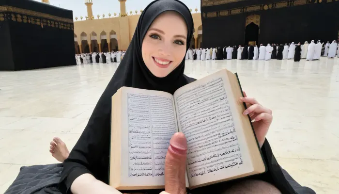 hijab girl, very hairy dick pov, smile, holding dick, reading quran, pale skin, skinny, in front of kaaba