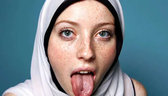 little allah, hijab, freckled, ultra detailed, photo realism, tounge out