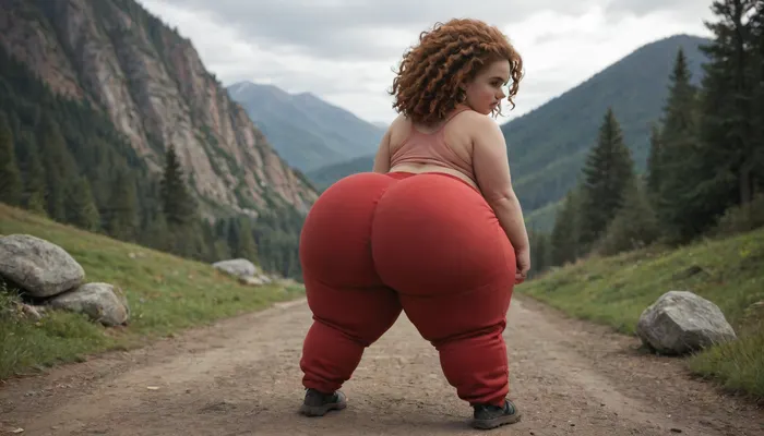 woman, (shortstack:.5), fatass, dumptruck ass, dumptruck fatass, hiking on a mountain trail, massive legs, (wearing red baggy pants:1.4), (Merida:.5), swayback