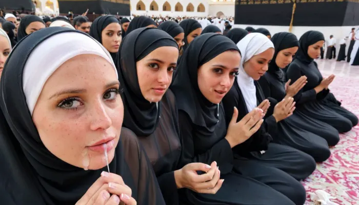 freckled, girls praying, sitting in line, in front of kaaba, perfect face, detailed face, wearing mini black hijab, transparent, very tight, cum on hijab, <lora:SDXLHighDetail_v5:.5>