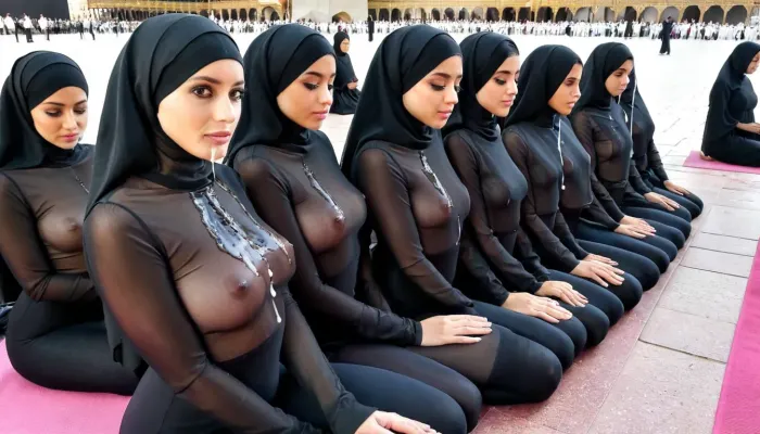 girls praying, sitting in line, in front of kaaba, perfect face, detailed face, wearing mini black hijab, transparent, very tight, cum on hijab, <lora:SDXLHighDetail_v5:.5>