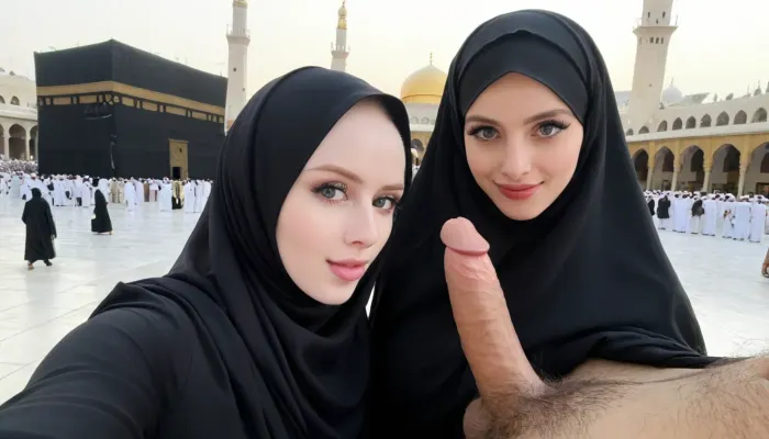 wearing black hijab, pale skin, in front of kaaba, selfie with hairy dick