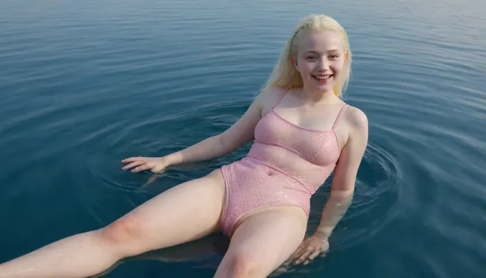 Ukrainian absolutely albino just eighteen-year-old tiny chubby woman, in a mesh pink bodysuit, hairy pussy, barefoot, happily smiling, swimming serenely on her back full-length in a clear blue sea