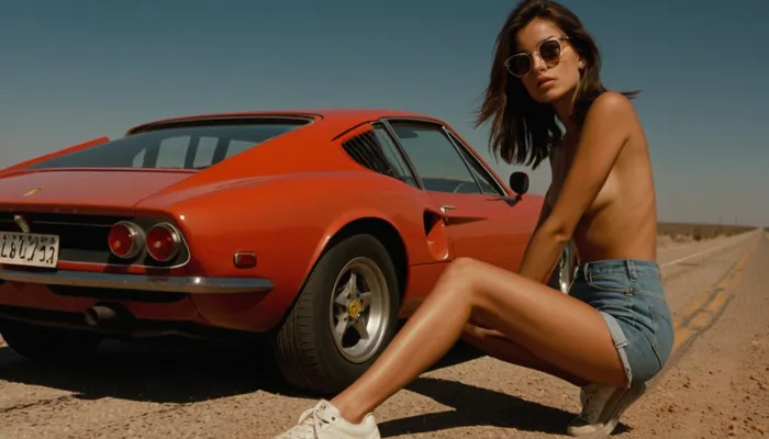 the 60s, a young slender brunette girl crouched next to the car, leaning her back against it. She is wearing short denim shorts, sneakers, medium-sized breasts are bare, dark carrera glasses, sweat is streaming down her body, she is very hot, a dusty deserted highway in the Texas desert, a racing Ferrari of the 60s stands on the side of the road with a flat tire
