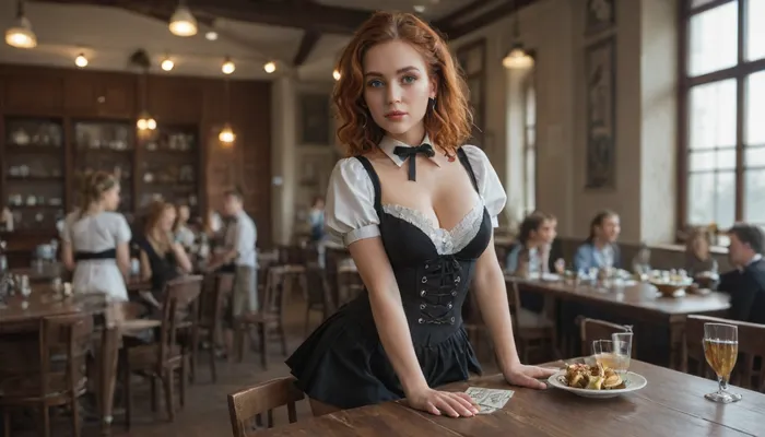 a redhead waitress of Nordic origin with perfect breasts, with a short skirt and a black corset that sticks to the jazz style