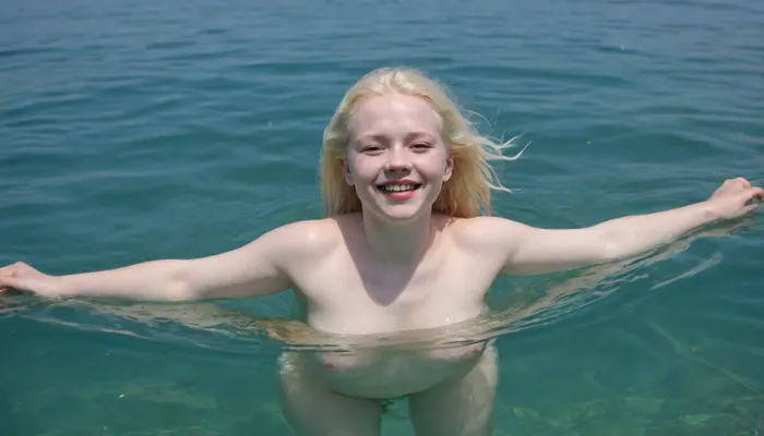 Ukrainian absolutely albino just eighteen-year-old tiny chubby woman, completely nude, hairy pussy, barefoot, happily smiling, swimming serenely on her back full-length in a clear blue sea