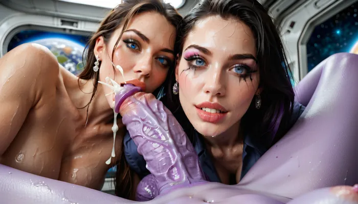 two futanari girls sex, futanari, 2 girls, third person view, beautiful shapes, skinny, athletic, looking at each other, space, planets, space station, aliens, reptile, purple skin, blue skin, two girls with a dick, fucking each other, she's all wet, wet clothes, bright makeup, cumming, (((The whole full body is visible))), nude, professional shot, Super realistic, perfect lighting, (best shadow), 8K, UHD, clear image, (best lighting), highest quality, ultra-detailed images, fine details, high resolution, 8k, wide mouth, full lips, blue eyes, pale skin, deep dimples, cute chin, kind eyes, white teeth, detailed faces, Black eyeliner, professional, realistic eyes, Sultry expression. Tousled, (sultry), Photorealistic, innocent face, horny, very detailed, perfect tight smooth young pussy, small tits, (((narrow low face))), young face, Super realistic, bright eyes, very detailed face, blush, white skin, futanari, close up hyper detailed body, detailed huge flaccid penis, fit body relief, fuck futanari dick, two woman futanari sex, ((futanari penis, futanari vagina under balls, veiny penis, cum dump)), purple futa, purple dick, purple skin tone, purple woman, distance image five meters, distance photo, alien, alien skin, alien skin tone, reptile, reptile skin, reptile skin tone, open useed vagina, futanari sex, the camera is on the ceiling, the camera shoots from afar
