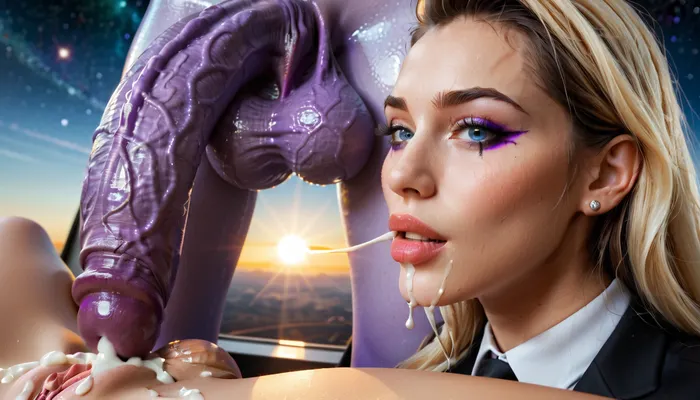 beautiful, 18-year-old, cosmic, planet, station, space, sucks a futanari dick, from another 18-year-old girl with purple skin, huge shapes, very tall with a huge monster dick and an alien appearance, both girls can be seen in full growth, third-person photos, space inventions, planets in the porthole, slime flows down the walls and spilled on semi, thick thighs, fat thighs, nude tits, nude vagina, she's wearing a white blouse with her tits falling out, a black miniskirt with her vagina visible, high-heeled closed shoes, disheveled very long blonde hair, she's all wet, wet clothes, bright makeup, cumming, (((The whole full body is visible))), nude, professional shot, Super realistic, perfect lighting, (best shadow), 8K, UHD, clear image, (best lighting), highest quality, ultra-detailed images, fine details, high resolution, 8k, wide mouth, full lips, blue eyes, pale skin, deep dimples, cute chin, kind eyes, white teeth, detailed faces, Black eyeliner, professional, realistic eyes, Sultry expression. Tousled, Eye contact, (sultry), Photorealistic, Looking at the camera, innocent face, horny, very detailed, perfect tight smooth young pussy, small tits, (((narrow low face))), young face, Super realistic, bright eyes, very detailed face, blush, white skin, futanari, close up hyper detailed body, detailed huge flaccid penis, fit body relief, suck futanari dick, two woman futanari sex, ((futanari penis, futanari vagina under balls, veiny penis, cum dump)), purple futa, purple dick, purple skin tone, purple woman, distance image 3 meters, pov 100, distance photo, alien, alien skin, alien skin tone, reptile, reptile skin, reptile skin tone, open useed vagina, futanari sex