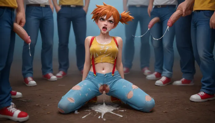 (Misty from Pokémon:2), solo, anime style, left soiled by cum, after gangbang sex, (((cum covered body:1.7))), ((wearing misty outfit:1.8), torn outfit, yellow crop-top, red suspenders, blue jeans short), (overused hairy pussy visible:1.2), (gaping pussy:1.2), full body, (kneeling on the ground in extreme pain:1.3), arched back, ((mouth wide open in a agonizing scream:1.5)), ((cum-filled:1.5)), (eyes wide open with tears streaming:1.5), (trembling body struggle:1.3), emotional shock, (losing it, angry:2), wind blowing her hair, dynamic anime expression, tattered outfit from intense gangbang, excessive bukkake, bruises and scratches, dramatic anime shading, glowing background, speed lines, highly expressive scene, stylized anime lighting, ultra-detailed anime illustration, animation frame style, misty, PEToonReal, <lora:Misty:1.4>, <lora:PE_ToonReal:1.6>, <lora:add-detail-xl:1.9>