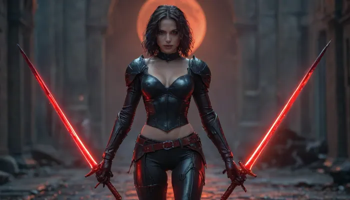 ((full body in picture)), (oil picture of a selene from underworld), athletic body, muscular, (), (from movie underworld), (thin dark leather latex action outfit), (full sleeves), (gloves), (cleavage cutout), (red belt), (asymmetrically torn outfit:1.4), (pale vampire skin tone), (standing in dark street), ((night time)), ((shadow hunter)), ((distant small blood red moon)), (dark short hair is moving from wind), ((holding dual glowing sword:1)), (thigh gap), smirk, detailed face, stacked busty, depth of field, massive lips, dark hair, realistic, pale skin, detailed bright blue eyes, (identical eyes), detailed skin, slight smile, center opening, perfecteyes, Dual, Swords, <lora:lora-sdxl-perfect-eyes:.5>, <lora:add-detail-xl:1>, <lora:XL_Weapon_Dual_Swords_-_By_HailoKnight:.8>, <lora:Movie_aesthetic_XL:.8>
