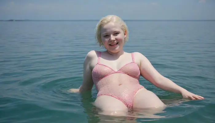 Ukrainian absolutely albino just eighteen-year-old tiny chubby woman, in a mesh pink bodysuit, hairy pussy, barefoot, happily smiling, swimming serenely on her back full-length in a clear blue sea
