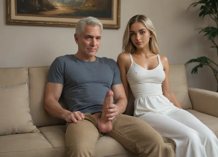 front view, ((1 very beautiful young woman wearing a white very short sundress sitting on a sofa side by side with fully clothed old male man in long trousers and shirt)), medium blonde tight high pony tail, questioning smile, dark blue eyes, tanned, narrow waist, medium breasts, highly detailed, CN, Girl6, but, clothes, stiff nipples, grabbing cock, <lora:Midjourney Image Enhancer XL v1:.8>, <lora:BUT_SDXL_SHS:.8>, <lora:add-detail-xl:.8>, (little nip slip:1.2), one nipple exposed, man has his cock out
