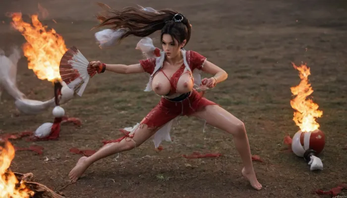 fighting pose, (solo), (Mai Shiranui costume:1.9), full body aerial view, (fire:1.8), standing, ((many fan:1.5)), ((very torn clothes:1.9)), bare feet, (shiny skin:1.7), (skinny:1.2), (big breasts:1.1), real face, field