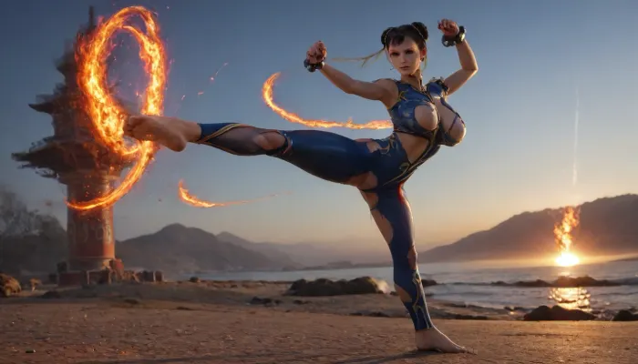 (solo), (Chun-Li costume:1.9), full body aerial view, (violet fire), standing, ((very torn clothes:1.9)), bare feet, (shiny skin:1.9), (big breasts:1.2), (beautiful face:1.5), (slender:1.2), land, sky, sun, (kick:1.1)