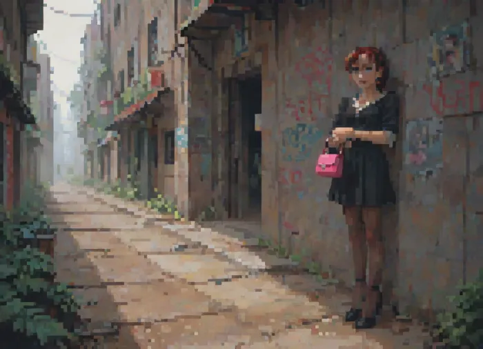 A young woman, aged 20, walks alone, (at night), along a dimly lit roadside in an industrial area in Italy. She wears tight clothes, short black dress and high heels. The scene is gritty, with abandoned factories, rusted metal, and graffiti-covered walls. Flickering streetlights cast cold blue and amber tones on the cracked road, reflecting in puddles as she walks with a confident, yet cautious stride. High detail, DSLR-style depth of field, cinematic realism. very small pink handbag., (incase style), pixel, art, pixelart, <lora:ratatatat74-000050:1.3>, <lora:outline_xl_kohaku_delta_spv5x:1.8>, <lora:cartoon_stickers_xl_v1:.6>, <lora:NEOTOKIOXL_0.2_RC:.4>, <lora:pixel_stormXL:.3>