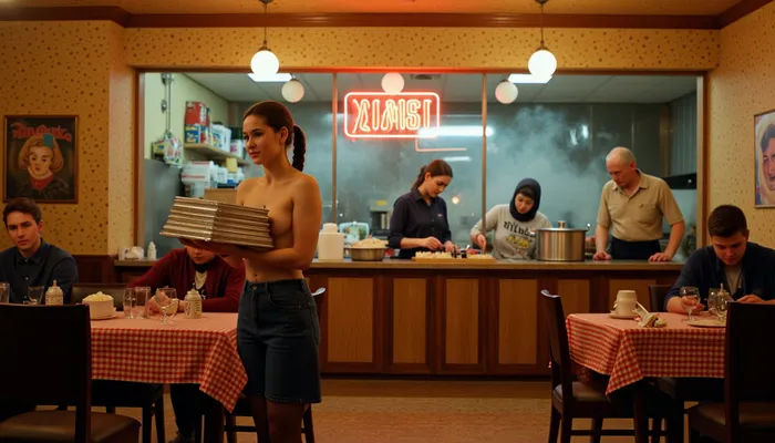 A bustling pelmeni diner at night, steam fogging the windows. A young waitress nude naked in Soviet-era uniform — carries stacked aluminum trays of dumplings. Behind the counter, babushka in headscarf ladling sour cream, neon 'ПЕЛЬМЕНИ' sign buzzing. Tables with checkered cloths, students eating, old men playing chess. Kitchen glimpse, giant boiling pots, hanging garlic braids. Fisheye lens, warm tungsten lighting, Kodak Gold 200 film grain. Style, socialist realism meets urban nostalgia. nude naked