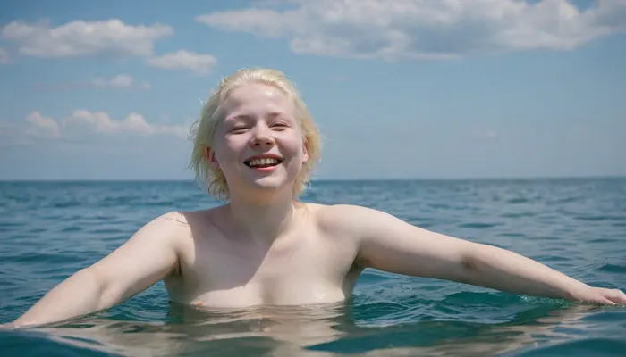 Ukrainian absolutely albino just eighteen-year-old tiny chubby woman, completely nude, hairy pussy, barefoot, happily smiling, swimming serenely on her back full-length in a clear blue sea