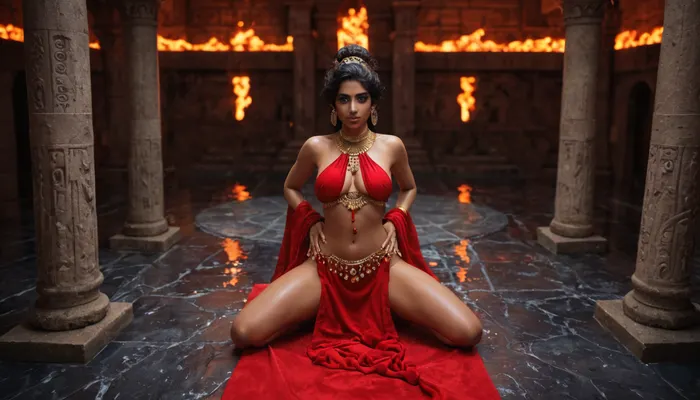 large hall of an indian harem, bdarkblue floor of lava concrete, black and red walls, 2 large temple columns in the backround. Light coming from above.
Indian belly dancer, kbeeling on a huge red cushion, legs apart, hands on her waist.