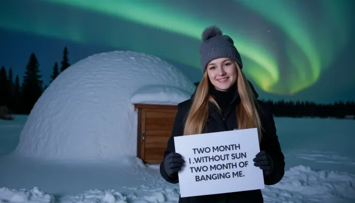 A snowy winter landscape with a igloo, dark sky with northern lights. A young blonde woman, scandinavian, nordic beauty, wearing a winter coat, bobble hat, gloves, smiling, holding a sign with text "TWO MONTH WITHOUT SUN, TWO MONTH OF BANGING ME".