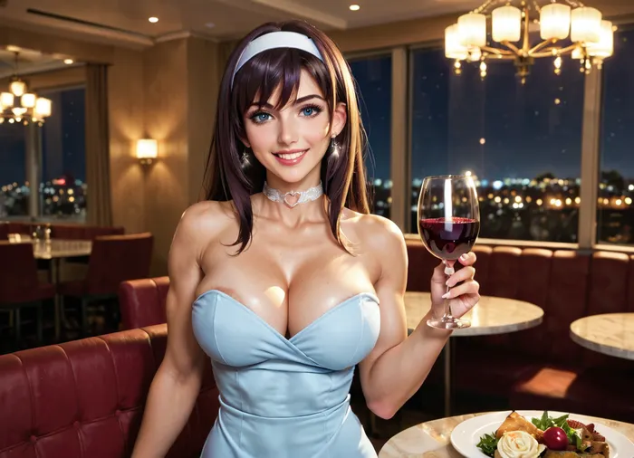 UTAHA KASUMIGAOKA, Whiteheadband, choker, wearing dress, sexy, Tight, ultra Quality, beautiful, Ground cherry, seductive, masterpiece, best quality, perfect lighting, beautiful armpit, erect niplles, in the restaurant, on the chear, night, dinner, she have a wine　glass, cheers, huge areola, athlete body, muscle, front view, looking for viewer, smile