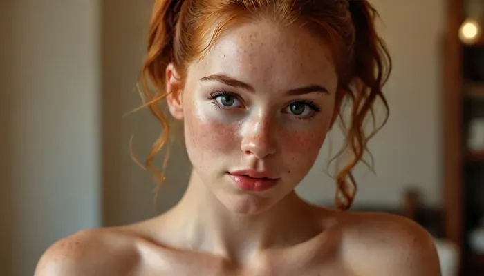 (low light image:1.7), (full body view 2.5), student, communist worker, perfect very cute face, 21 years old very cute girl, firm medium breasted, (overflowing cleavage), ultra realistic skin, horny expression, stunning, sexy, absolutely naked, nudist, innocent, hot, hypnotized loving eyes, very cute loving smile, open mouth, redhead, red hair, (sport ponytail with sidelocks:1.2), gymnastics ass, gymnastics legs, gymnastics steps, gymnastic hands, high cheekbones, small lips, small nose, almond-shaped bold and vibrant look, curvy athletic build, hourglass figure, Rating_explicit, (masterpiece, ultra-detailed, erotic glamour), high quality, cameltoe pussy, blush, blushed, blushing, very much blush on the checks and nose, lots of freckles face, lots of freckles head, lots of freckles body, no makeup, oiled skin, horny face, perfect eyes, <lora:MJ52:.8>, <lora:607315_training_data:1.1>