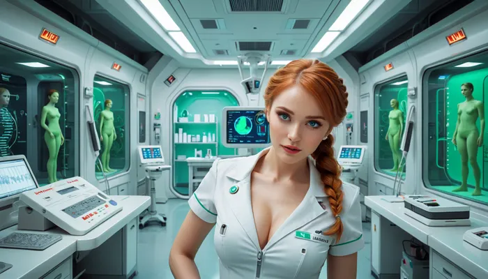 Realistic photoof a Beautiful Attractive nurse, with a sweet face, 20 years old, busty, with red-blond hair in a French braid, wearing a cyber-futuristic nurse dress, deep cleavage, in the infirmary of a spaceship, holding a medical scanner in her hand, Beautiful detailed face, (perfect eyes:1.1), (perfect skin:1.1), (perfect breasts:1.1), (perfect body:1.1), (perfect hands:1.1), (perfect finger:1.1), (perfect fingernails:1.1), Photorealistic, RAW, analog, best quality, 8k, HD, DSLR, Fujifilm XT3, film grain, award winning, futuristic, l4b0r4t0ry, <lora:futuristic_l4b0r4t0ry:.8>, 420futurism, <lora:420FuturismXL:.8>