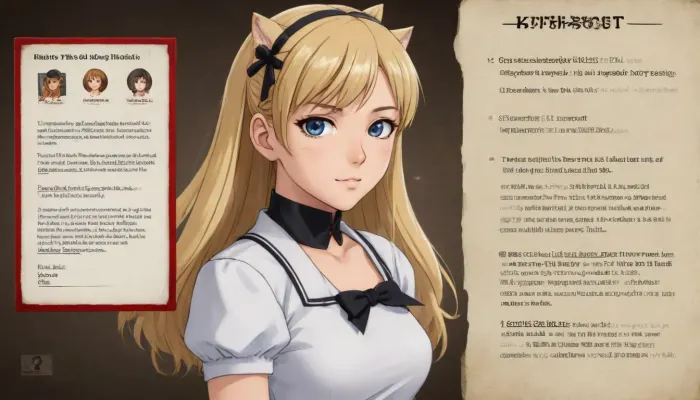 (The image is a screenshot of a webpage from a anime "Kitty Art, Top Secret"), The webpage has a title at the top that reads "Top Secret" in German. Below the title, there is a description of the character Kitty, who is a young woman with long blonde hair and blue eyes. She is wearing a white dress with a black belt and has a serious expression on her face. On the left side of the page, there are two bullet points that explain Kitty's height, weight, and other information about her. The first bullet point states that Kitty is 18. The text below the bullet point explains that Kitty´s is a classified document. A bold red "Top Secret" button. At the bottom of the image, there has a button that says "Classified Documents". There is also the top secret section of the webpage, which provides more information about Kitty. #©KITTYART

























#©KITTYART