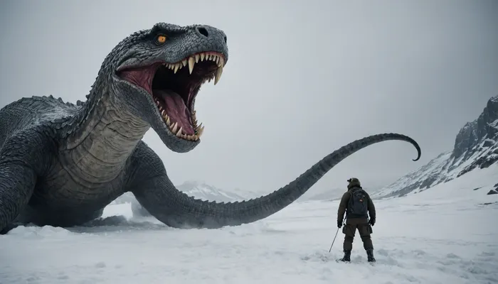 scary gigant monsters like a snake in Atarctica attack human. Dark. Many snow.