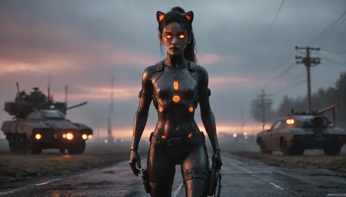 beautiful sexy 24 year old African girl wearing a metal exoskeleton, futuristic technology, pink glow, black girl, ebony girl, model, flat chested, petite body, dystopian, wearing cat ear headphones, tactical gear, wearing a holographic vr headset over her eyes, sunrise in the background, running makeup, face paint under eyes, raining, overcast weather, orange glowing body markings, emo, goth, horror, alien markings all over her body, on a battlefiled, black hair, ponytail, round innocent face, ultra high definition, ruanyi0300, assault, rifle, belt, gloves, goggles, holding, weapon, m4, carbine, mecha, gun, matwaretech, scifi, pixelated, malware, glitch, SentinelsMatrix1024, robot, spider, <lora:SentinelsMatrix1024:.8>, DonMGh0574rm04XL, armor, <lora:DonMGh0574rm04XL:.8>, <lora:448356_training_data:.8>