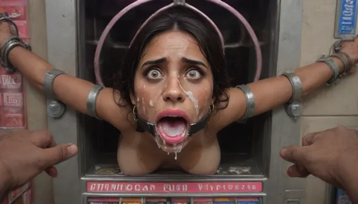 (40 years adult), (woman is stuck with her hips in a round hole with metal rim in a vending machine), (her bust is protruding from a round hole in the front of the vending machine:1.5), (stuck in hole with metal rim:1.3), (vending machine at night, slot for payment), (wide mouth spreader ring gag, gaping mouth:1.5), (leaning forward), (embarrassed, ashamed), (pleading expression:1.2), (terrified:1.6), (crying), (fear and panic:1.2), (box is low mounted, close to floor), (score_9, score_8_up, score_7_up, UHD 8K, masterpiece, best quality, maximum details, natural light, extreme realism, cinematic still), (huge penis:1.4), (she stares at erect penis in front of her face:1.3), (POV from above, she is looking up to viewer, submissive), (POV man standing and looking down, man stroking his big dick:1.1), (arms restrained to wall), (her arms left and right flat against the wall, multiple iron rings fixing her stretched arms against the wall:1.5), (POV standing man, looking down on her:1.2), (mouth wide open), (black hair), (Indian slut:1.8), (party girl), (dark brown skin:1.3), (tan lines), (iron rings restrain her arms to vending machine), (her arms are spread eagle against vending machine:1.8), (arms restrained with iron rings:1.8), (free-standing vending machine), (her face is covered in cum:1.6), (cum in her mouth:1.1), (bukkake, facial:1.3), (transparent liquid:1.2), (realistic cum), (wet face:1.2), (oily skin:1.5), (stuck with hips in a round hole with metal rim:1.6), (eyes wide open in horror:1.3), (her mouth serves only one purpose), (she's got a new job, she's a public cum dumpster), (pink glossy lips:1.3), (shocking pink lips, pink lipstick:1.5), (eerie lighting:1.3), (smeared lipstick:1.3)