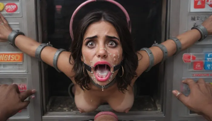 (40 years adult), (woman is stuck with her hips in a round hole with metal rim in a vending machine), (her bust is protruding from a round hole in the front of the vending machine:1.5), (stuck in hole with metal rim:1.3), (vending machine at night, slot for payment), (wide mouth spreader ring gag, gaping mouth:1.5), (leaning forward), (embarrassed, ashamed), (pleading expression:1.2), (terrified:1.6), (crying), (fear and panic:1.2), (box is low mounted, close to floor), (score_9, score_8_up, score_7_up, UHD 8K, masterpiece, best quality, maximum details, natural light, extreme realism, cinematic still), (huge penis:1.4), (she stares at erect penis in front of her face:1.3), (POV from above, she is looking up to viewer, submissive), (POV man standing and looking down, man stroking his big dick:1.1), (arms restrained to wall), (her arms left and right flat against the wall, multiple iron rings fixing her stretched arms against the wall:1.5), (POV standing man, looking down on her:1.2), (mouth wide open), (black hair), (Indian slut:1.8), (party girl), (dark brown skin:1.3), (tan lines), (iron rings restrain her arms to vending machine), (her arms are spread eagle against vending machine:1.8), (arms restrained with iron rings:1.8), (free-standing vending machine), (her face is covered in cum:1.6), (cum in her mouth:1.1), (bukkake, facial:1.3), (transparent liquid:1.2), (realistic cum), (wet face:1.2), (oily skin:1.5), (stuck with hips in a round hole with metal rim:1.6), (eyes wide open in horror:1.3), (her mouth serves only one purpose), (she's got a new job, she's a public cum dumpster), (pink glossy lips:1.3), (shocking pink lips, pink lipstick:1.5), (eerie lighting:1.3), (smeared lipstick:1.3)