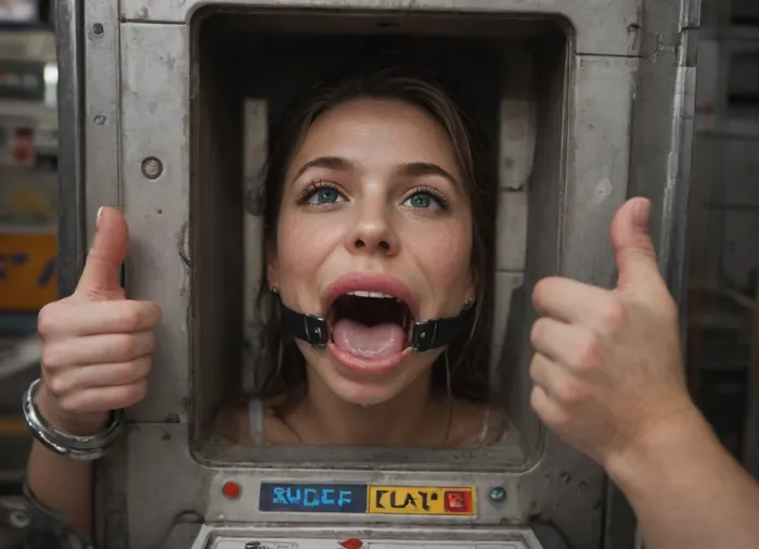 (woman is stuck with her hips in a round hole with metal rim in an arcade machine on a busy street), (wide angle, full machine in picture:1.1), (wide smile, obsessive:1.3), (her arms are fixated in machine, she shows thumbs up:1.5), (score_9, score_8_up, score_7_up, UHD 8K, masterpiece, best quality, maximum details, natural light, extreme realism, cinematic still), (very happy), (her hands are protruding from holes:1.3), (stuck in hole with metal rim), (wide mouth spreader ring gag, gaping mouth:1.5), (leaning forward), (box is low mounted, close to floor), (huge penis), (she stares at erect penis in front of her face:1.3), (cum on her face, bukkake:1.3)