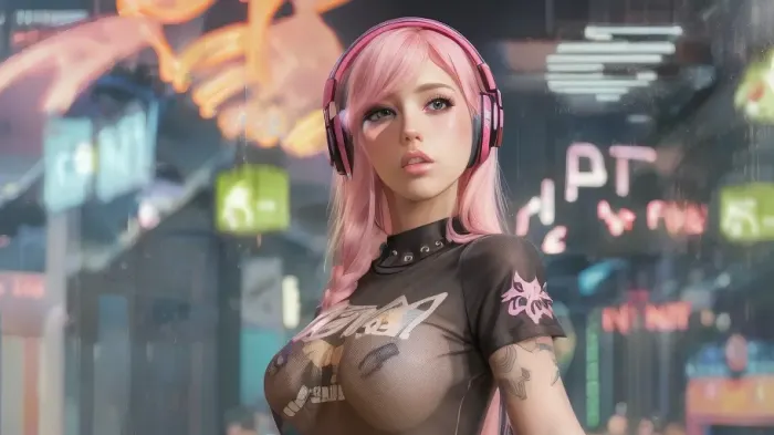 (1girl 20 yo with pink long hair in a sexy outfit with headphones), m4 sopmod ii girls frontline, oppai cyberpunk, seductive anime girl, perfect android girl, cyberpunk anime girl, artwork in the style of guweiz, female cyberpunk anime girl, trending at cgstation, trending on cgstation, fine details. girls frontline, from girls frontline, girls frontline universe, guweiz, cyberpunk femme fatale, nude, with pokies, (slim girl), (small breasts), (small butt), lingerie, cat pose, candy room, amplifier, (she wears studded bracelets), (((she wears a KITTY Shirt))), small eyebrowns, black eyeliner, ((bodypainting)), (freundliches lächeln), ((smoke)), transparent, clothes, <lora:pokies_9:.5>, <lora:Transparent_Clothes_V2:.9>