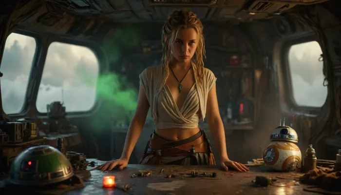 Star Wars Style, full body view of a female Jedi, repairing stuff at messy table, in a messy common room, inside Millennium Falcon, slender, slim waist, blonde matted dreadlocks, flat breasted, tanned skin, lucky charm necklace, beautiful brown leather belt, highly detailed Jedi costume, Jedi toga, perfect face, perfect hands, glass on table, extremely steaming green liquid, R2-D2, dejarik, 8k, high resolution, TIE, fighter, neon_style, cloudy, smoke, atmospheric, clouds, fog, <lora:TIE fighter:.8>, <lora:304304_training_data:.8>, <lora:MJ52:.8>, <lora:Cloudy_Style:1.1>