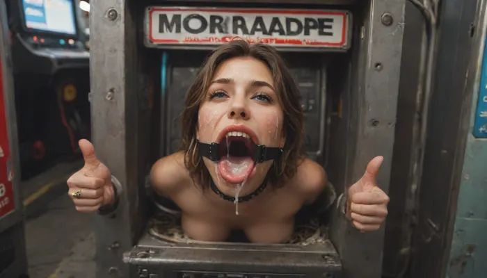 (woman is stuck with her hips in a round hole with metal rim in an arcade machine on a busy street, wearing a mouth spreader), (huge sign on top of machine reading "#DreamJob":1.3), (stuck in round hole with metal rim:1.1), (wide metal box), (her arms are fully stretched out to the sides), (arms restrained in contraption:1.4), (wide angle, full machine in picture:1.1), (bustling street, passersby:1.3), (wide smile, obsessive:1.3), (her arms are fixated in machine, she shows thumbs up:1.5), (score_9, score_8_up, score_7_up, UHD 8K, masterpiece, best quality, maximum details:1.2), natural light, extreme realism, cinematic still, (very happy), (her hands are protruding from holes:1.3), (stuck in hole with metal rim), (wide mouth spreader ring gag, gaping mouth:1.7), (leaning forward), (huge penis), (she stares at erect penis in front of her face:1.3), (cum on her face, bukkake:1.3)