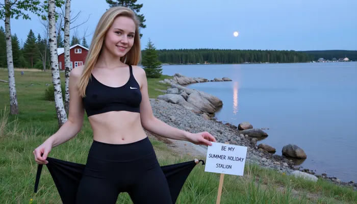 A Scandinavian summer landscape on archipelago island with birches, rocks, blue sky with midnight sun, a little red cabin. A young blonde woman, scandinavian, nordic beauty, fit, athletic, wearing yoga pants and sportsbra, smiling, holding a sign with text "BE MY SUMMER HOLIDAY STALLION"., hfsportshortpants, <lora:hfsportshortpants:.8>