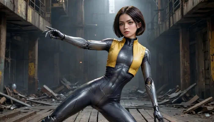 Alita. The image shows a cyborg girl in a fighting pose, located in an abandoned industrial site. The girl has a flat chest and narrow hips. The girl, with a short black haircut, is dressed in a black tight-fitting suit with a yellow jacket. Her left hand, with which she pushes off the wooden boards, has a metal prosthesis. In her right hand, she holds a weapon similar to a wide knife with serrated edges. The girl's face expresses tension and determination.

The background is a dark industrial landscape with massive buildings and broken structures. A large mechanical hand with sharp claws is visible on the right side of the image. Debris and debris are scattered on the ground, including parts of robots and mechanisms. In the distance, an illuminated building is visible, providing the only source of light in the background. The color scheme of the image is predominantly dark, with a predominance of blue and gray shades, which creates a gloomy and tense atmosphere., flat, chested, Alita, <lora:SDXL_BetterFaces-LoRA_v1:.8>, <lora:flat_chested_v3.5:.8>, 4lit4, <lora:Alita_SDXL_v2:.8>