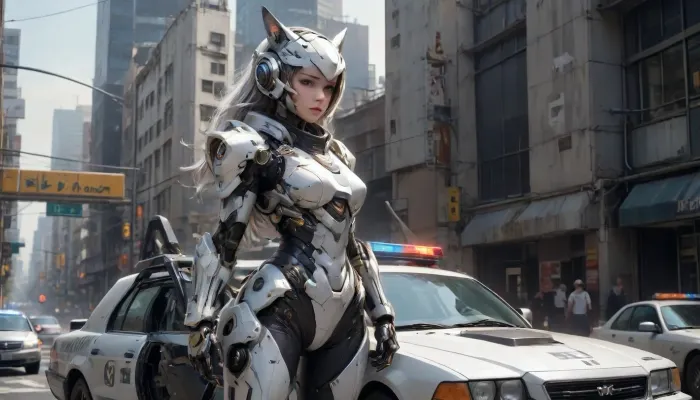 The image shows a young, thin woman in a futuristic suit standing on a police car. She is dressed in white and gray armor, with an open torso. On her head she has a helmet with ears, similar to a cat's. On her left hand is a mechanical device with several fingers. She is standing with one foot resting on the hood of the car, and the other on the fender.

In the background, city buildings are visible, as well as a crowd of people watching the event. Above the car hangs a road sign with the inscription "Downtown CA" and an arrow pointing downwards. On the bumper of the car is a yellow tape with the inscription "CAUTION SEX TAPE CAUTION".

The hood of the car is painted red and white. The reflection of the surrounding landscape is visible in the transparent dome above the hood. Inside, you can make out a steering wheel., <lora:Mecha_Ggorgeous_Armor-000011:.8>, mecha, <lora:mecha-000009 (1):.8>