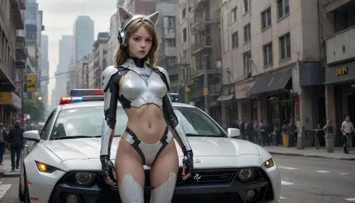 The image shows a young, thin woman in a futuristic suit standing on a police car. She is dressed in white and gray armor, with an open torso. On her head she has a helmet with ears, similar to a cat's. On her left hand is a mechanical device with several fingers. She is standing with one foot resting on the hood of the car, and the other on the fender.

In the background, city buildings are visible, as well as a crowd of people watching the event. Above the car hangs a road sign with the inscription "Downtown CA" and an arrow pointing downwards. On the bumper of the car is a yellow tape with the inscription "CAUTION SEX TAPE CAUTION".

The hood of the car is painted red and white. The reflection of the surrounding landscape is visible in the transparent dome above the hood. Inside, you can make out a steering wheel., mecha, <lora:mecha-000009 (1):.8>, flat, chested, <lora:flat_chested_v3.5:.8>, <lora:Thigh_gap_SDXL:.8>, <lora:ahxl_v1:.8>