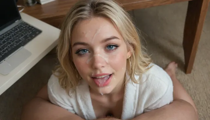 Gorgeous 21yo blonde girl kneeling looking at viewer from under the desk with a laptop, gorgeous face, wearing a sexy fluffy white bathrobe, cum on face, ruined makeup, facial, perfect facial, clear cum, mouth open, tongue out, smiling, <lora:Facials:.6>