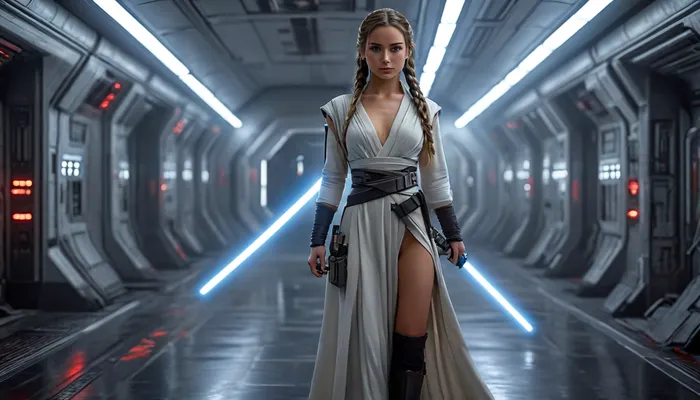 Full body view, Uber realistic, 8k, ultra detailed, masterpiece, Star wars female, hair with a long braid, grey robes, black belt, black boots, holding White lightsaber in right hand, glowing eyes, full Body Photo in sci fi setting, Future, Star wars, full body view, <lora:MJ52:.8>, <lora:attractive_notrigger:.8>, Star, Destroyer, Interior, <lora:877203_training_data:.8>, flat, chested, <lora:flat_chested_v3.5:.8>