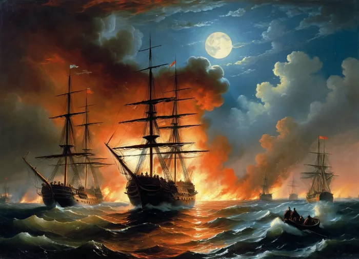 The painting is in the style of the Russian artist Ivan Konstantinovich Aivazovsky.In the depths of the bay, burning ships can be seen sinking, fragments of masts flying apart from the explosion. Rising flames with scarlet-blue smoke mix with clouds, and the light of the moon illuminates the hellish mixture of fire and water. In the foreground, the flagship of the Russian fleet "Three Hierarchs" stands in dark silhouette, to which a boat with the crew of the fireman D. S. Ilyin approaches. Behind the "Three Hierarchs" are "Europa" and "Rostislav", on the left in the background is "Don't touch me", (the location of the Russian ships is slightly "edited" by Aivazovsky, the ships are closer to each other than they were in real combat), . On the left in the foreground, Turkish sailors can be seen in the water, clinging to the wreckage of ships in order not to drown. In the background, the city is illuminated by the glow of the fire. The composition is built on a sharp contrast between flames, pale moonlight, clouds of smoke and fire covering the sky — all this creates the impression of tension and drama of the events taking place. Visually, the center of the picture is not even the Russian ships in the foreground, visible more as silhouettes against the background of clouds of flame and smoke, but the burning formation of the Turkish fleet., painted in the so-called oriental taste.
