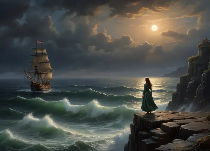 girl in fluttering tattered and torn medieval ragged dress stands on high cliff above sea, stormy sea in the right part of frame, sinking sailing ship on the horizon, girl looking out to sea, gale force winds, girl looking at sinking ship, view from distance, (oil painting in Aivazovsky style, night, nighttime, low lighting, highly detailed figure, at night, darkness)