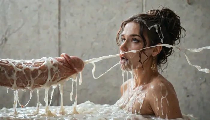 hot brunette sprayed with a enormous cock full of cum, (cumshot:1.6), (excessive cum:1.6)