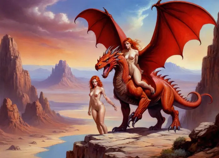 Painting, fantasy art, Boris Vallejo style, a red-haired woman full nude clings to a massive, muscular red dragon with blue eyes, set on a rocky outcrop amidst a fantastical landscape of towering mesas and futuristic cities perched on cliffs, a dramatic chiaroscuro lighting highlights the figures, the overall color palette of warm earth tones juxtaposed with cool blues and purples creates an otherworldly atmospheric perspective, the composition emphasizes height and depth., Art, by, Boris, Vallejo, Style, <lora:Fantasy_art_XL_V1:.8>