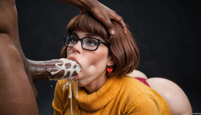 ((30yo woman)), (Super sexy dusky Velma dinkley:1.3), ((straight bob haircut)), ((brown skin:1.5)), perfect hourglass body, ((wearing Velma’s Cosplay)), (((huge busty, huge hip))), (massive ass:1), wide hips, (massive breasts:1), black background, black room, all fours, half-body portrait, boobs focus, throat blowjob, huge 17 inch cock, throat bulge, sucking a huge thick 20 inch penis, both hands on her head, the penis disappears completely into her mouth, ballsdeep, facefuck blowjob, extremely deepthroat blowjob, brutal mouth fuck, mouthfull of cum, excessive cum dripping from penis, excessive cum on face, slobber, oral sex, woman, sucking, a, cock.